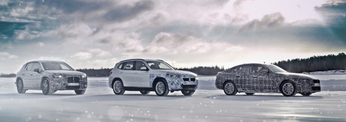 BMW winter test of new electric models. From left to right: BMW iNEXT, BMW iX3 and BMW i4